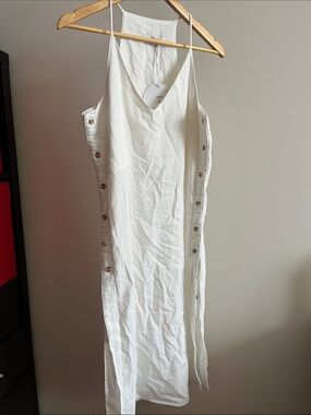 White Linen-Blend Midi Dress with Side Button Detail